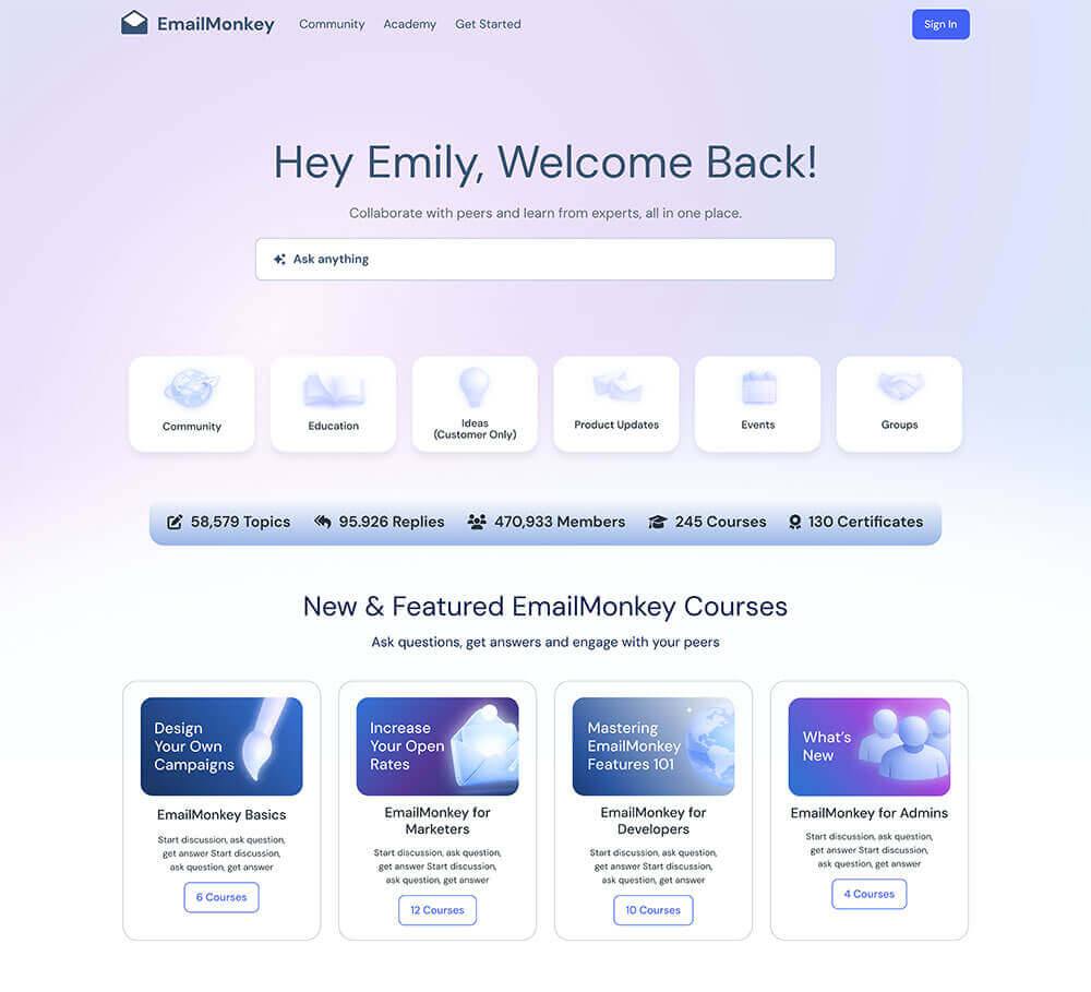 A dashboard for EmailMonkey greets a user with “Hey Emily, Welcome Back!” It features a search bar, six category icons, topic and course stats powered by Skilljar, and four highlighted course cards. The theme is light blue and white.