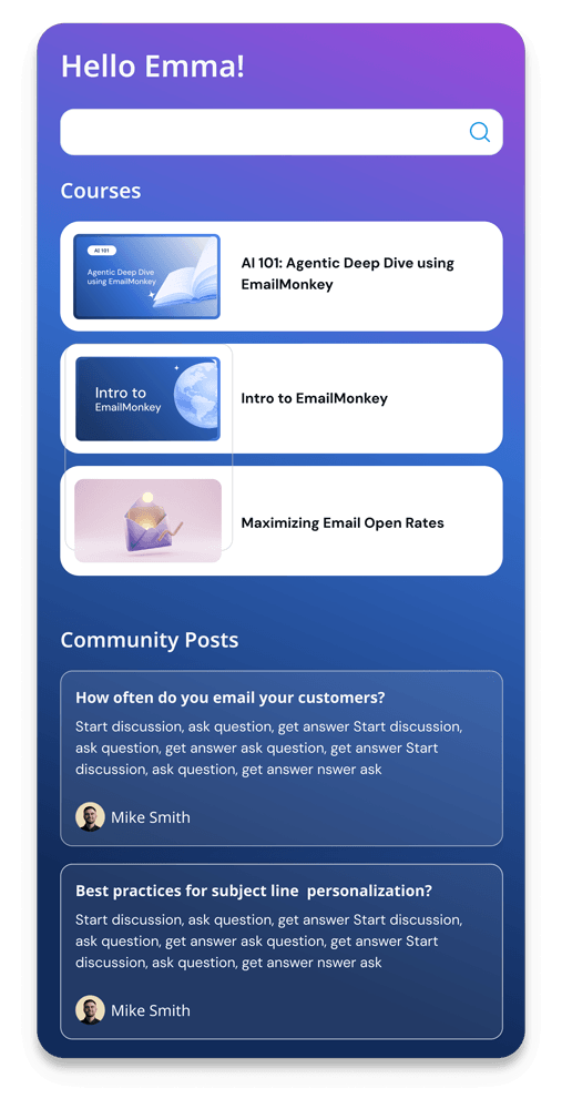 A Digital Customer Hub dashboard interface with a greeting "Hello Emma!", a "Courses" section with three course cards, and a "Community Posts" area featuring discussion posts and user avatars, set against a blue-to-purple gradient background.