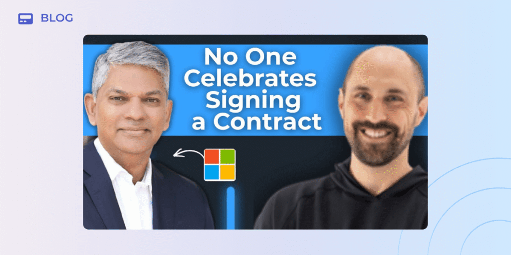 Two men stand side by side—one in a suit, one in a hoodie—with “No One Celebrates Signing a Contract” and the Microsoft logo between them, highlighting contract management and Microsoft customer success on a blue background.