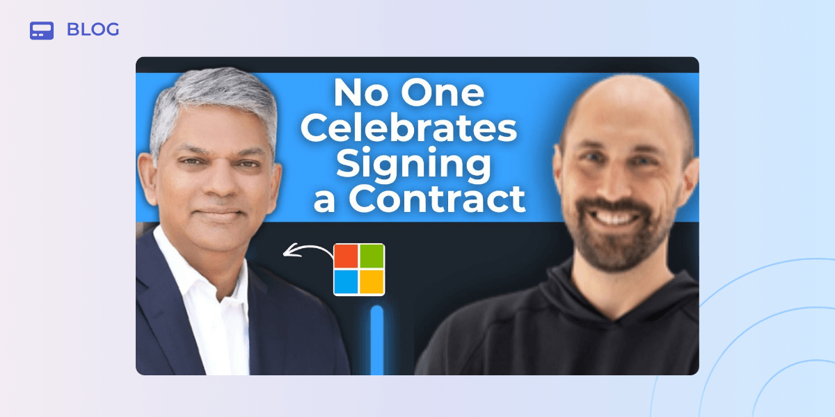 Two men stand side by side—one in a suit, one in a hoodie—with “No One Celebrates Signing a Contract” and the Microsoft logo between them, highlighting contract management and Microsoft customer success on a blue background.