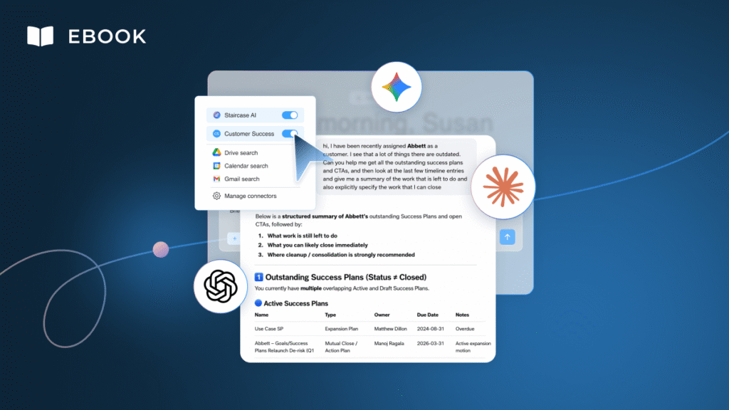 An ebook cover featuring interface elements for AI tools, toggles for "Staircase AI," "Customer Success," and "Customer Teams," plus a dashboard with success plans data, set against a dark blue gradient background with abstract lines and icons.