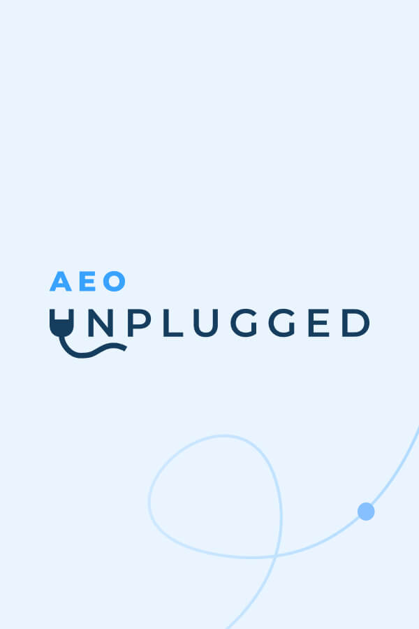 Light blue background with the words "AEO UNPLUGGED." The "U" in "UNPLUGGED" is stylized to resemble an unplugged electrical plug. A blue curved line with a dot appears in the lower right corner.