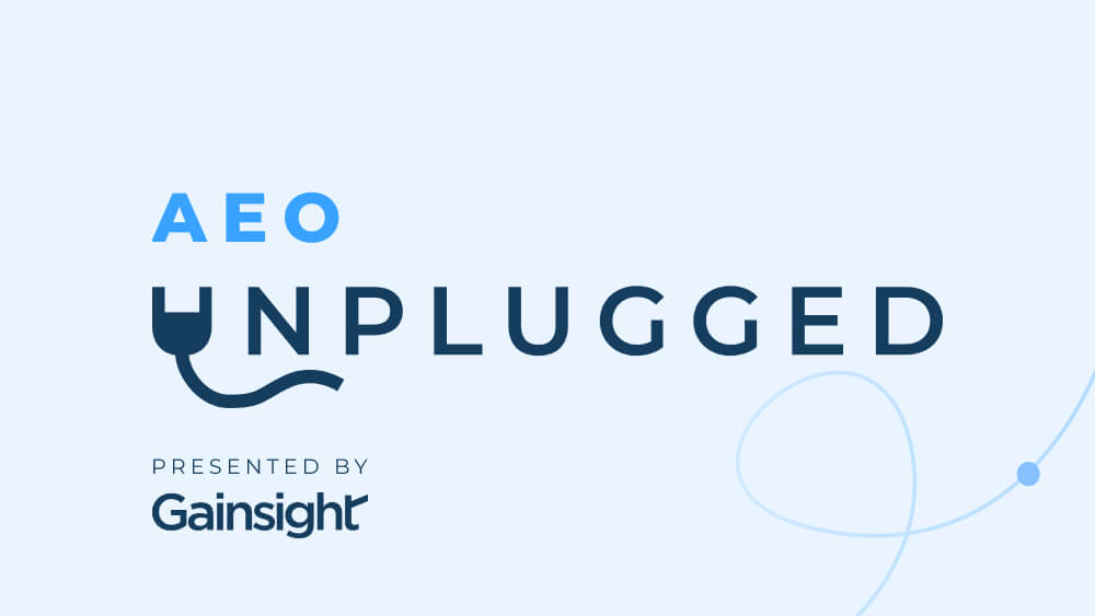 AEO Unplugged logo with the word "UNPLUGGED"; the "U" is shaped like an electrical plug. Text below reads "Presented by Gainsight" on a light blue background with abstract lines.