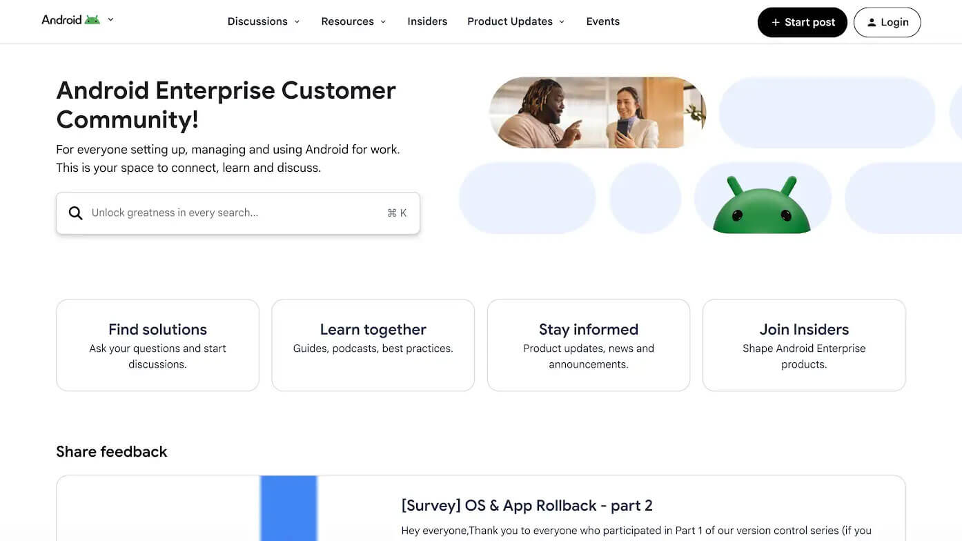 Screenshot of the Android Enterprise Customer Community homepage, powered by Higher Logic Vanilla, showing a search bar, discussion categories like "Find solutions," and "Stay informed," plus a banner image of two people talking for easy comparison.