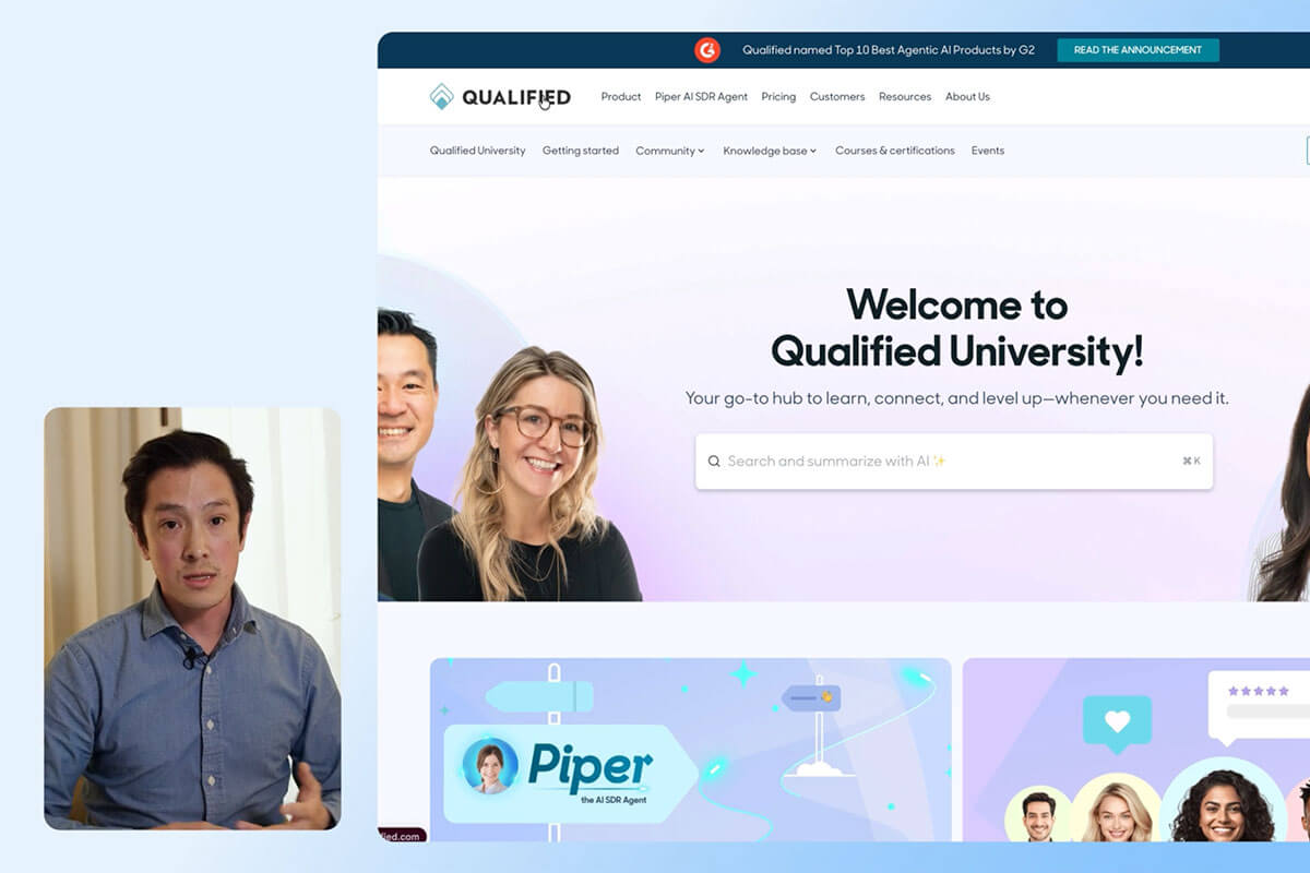 Split-screen image: On the left, a man with dark hair and a blue shirt gestures while speaking. On the right, Qualified University’s homepage features a 