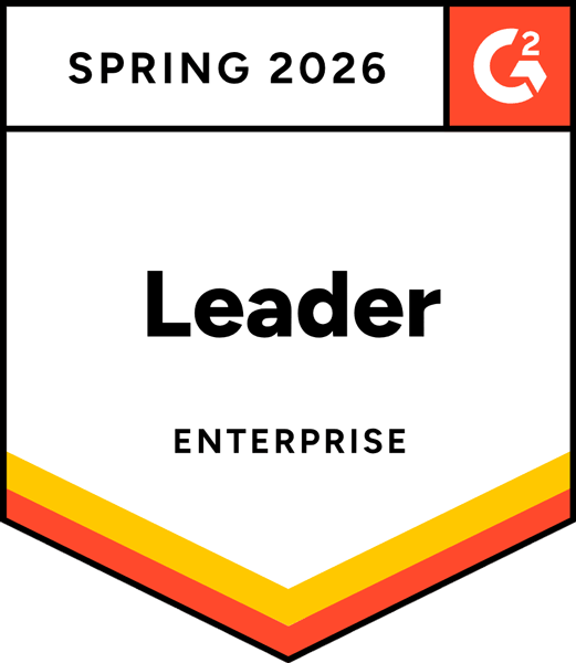 A G2 badge displaying "Spring 2026 Leader Enterprise" in bold letters, with yellow, orange, and red stripes along the bottom edge for a distinctive Enterprise look.