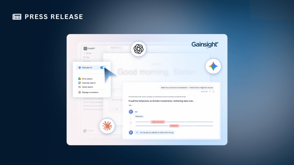 A digital press release graphic featuring the Gainsight logo, various app icons, a dropdown menu, and a chat-style AI response highlighting customer retention, set against a blue gradient background.