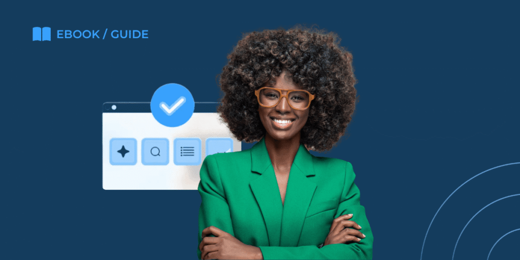 A woman with curly hair and glasses, wearing a green blazer, smiles with folded arms in front of a blue background featuring "EBOOK / GUIDE," a digital interface graphic, and an AEO Checklist for building your 90 day Community.