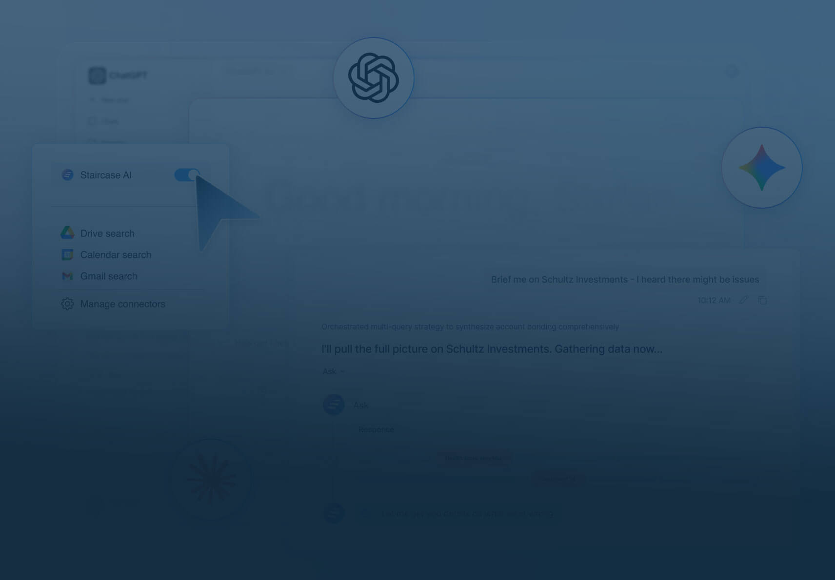 A semi-transparent interface shows a toggle switch turning on "Staircase AI" among other options like Drive search, Calendar search, and Gmail search. Logos are faintly visible in the background on a blue overlay.
