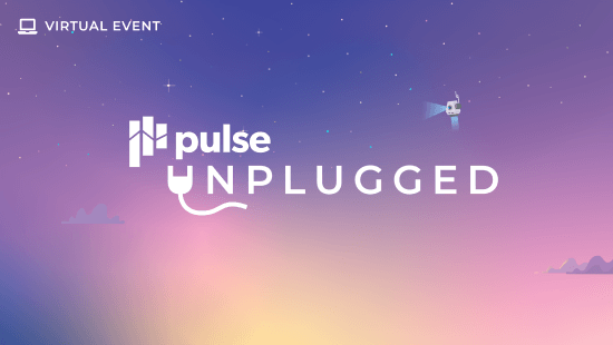 A digital graphic with the text "Virtual Event" and "Pulse Unplugged," where "Unplugged" features a power plug icon. Set against a gradient starry sky and rocket, it highlights CS expansion signals and early expansion for customer success teams.