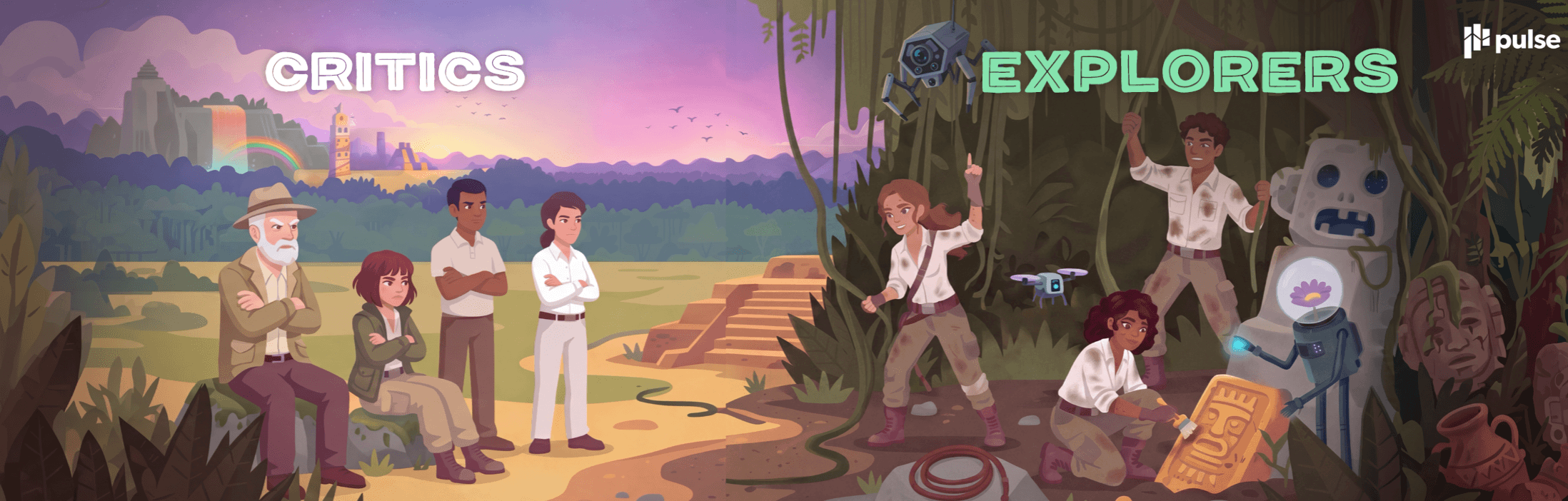 Illustration split in two: Left side shows four people labeled "Critics," standing with crossed arms by an overgrown ruin. Right side, four "Explorers" from Pulse 2026 excitedly investigate ruins and ancient artifacts, capturing the spirit of discovery.
