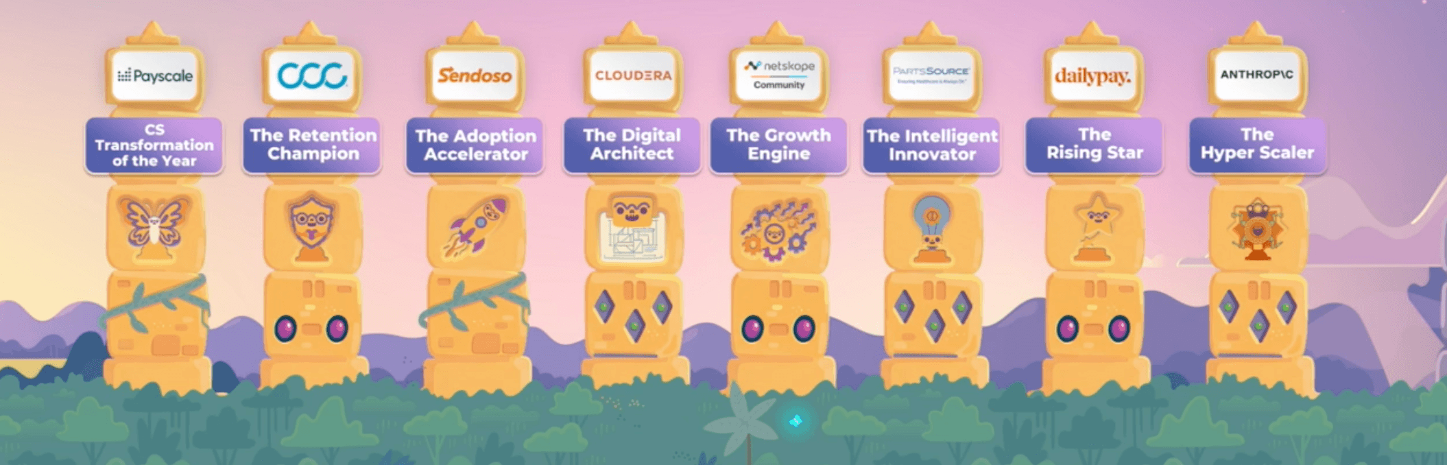 A colorful illustration shows nine golden totem-like award columns, each labeled with a company logo and a unique title such as "GameChangers," "CS Transformation of the Year," and "The Growth Engine," celebrating teams driving retention against a scenic backdrop.