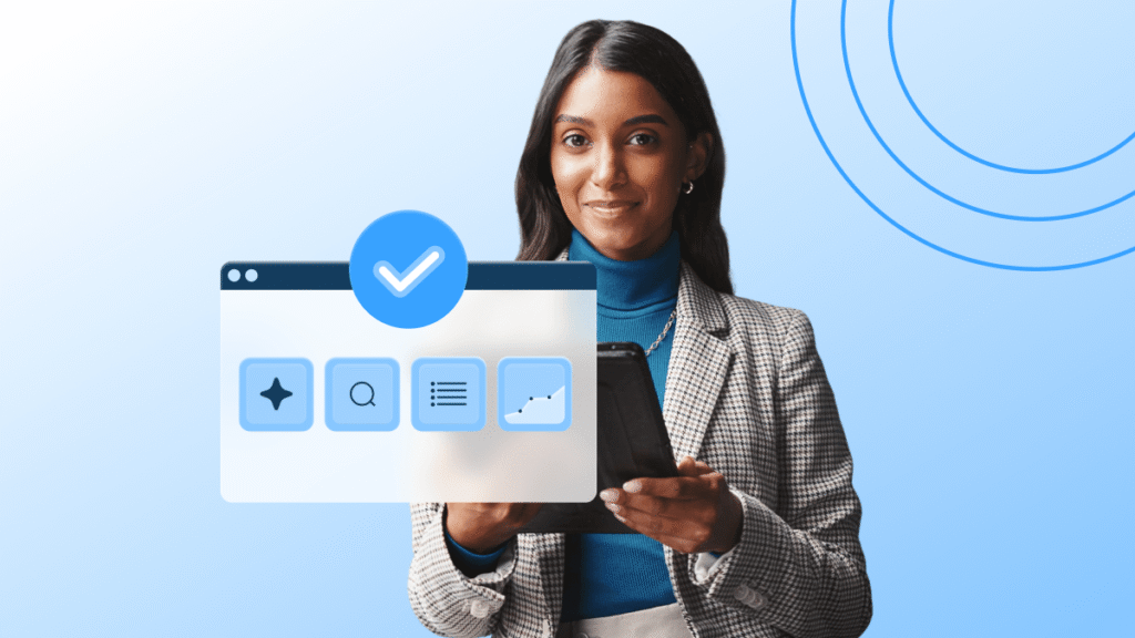A woman in a gray checked blazer holds a tablet, with illustrated web interface icons—including a checkmark, star, and menu—overlaid in front of her, highlighting the 90 Day AEO Checklist on a blue gradient background with circular patterns.