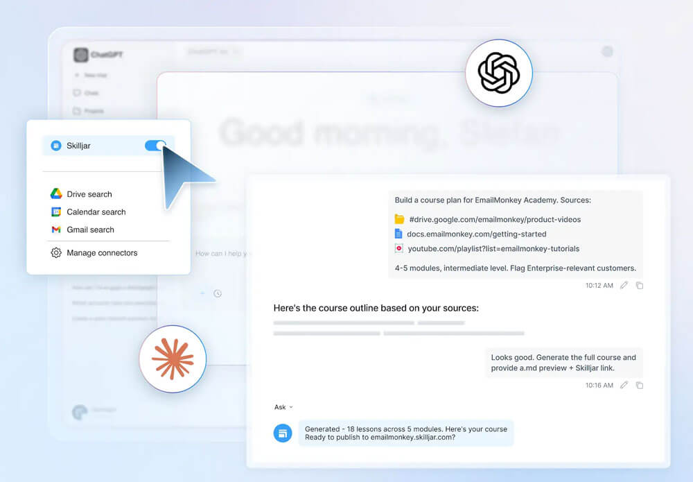 A digital interface showing a toggle switch for "Skilljar," a chat conversation generating a course outline, source links, and icons representing search, integration features, and Gainsight connectivity.