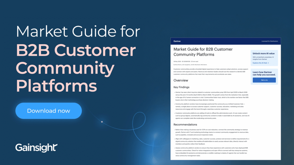 Digital ad featuring the title "Gartner Market Guide for B2B Community Platforms," a "Download now" button, and a report preview. The Gainsight logo appears in the bottom left corner on a blue background.