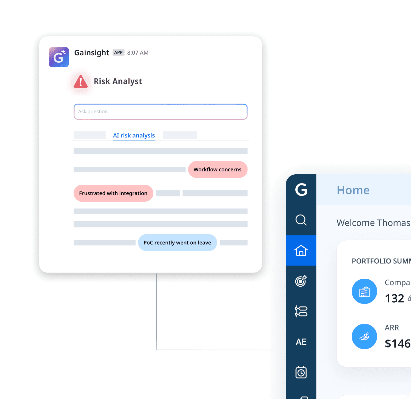 A Gainsight dashboard displays a chat box labeled "Risk Analyst," featuring tags like "AI risk analysis" and "Frustrated with integration." Home menu icons appear on the right, reflecting insights powered by Staircase AI.