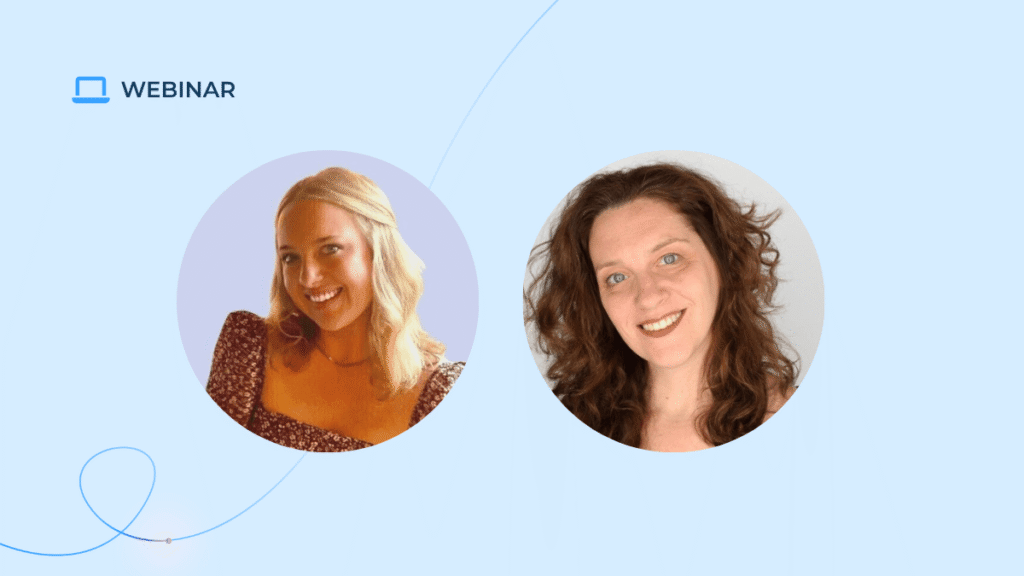 Two smiling women in circular frames on a light blue background with "Webinar" and a laptop icon in the top left corner. Blue curved lines decorate the background, hinting at an engaging AI learning experience.