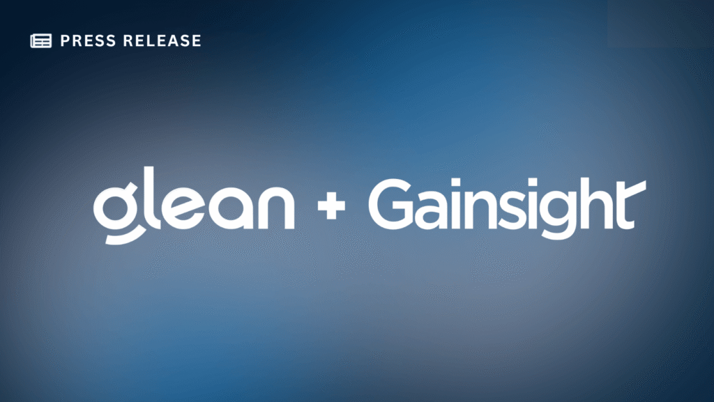 A press release graphic showcasing the logos of Glean and Gainsight side by side on a blue gradient background, highlighting their collaboration to empower revenue teams.