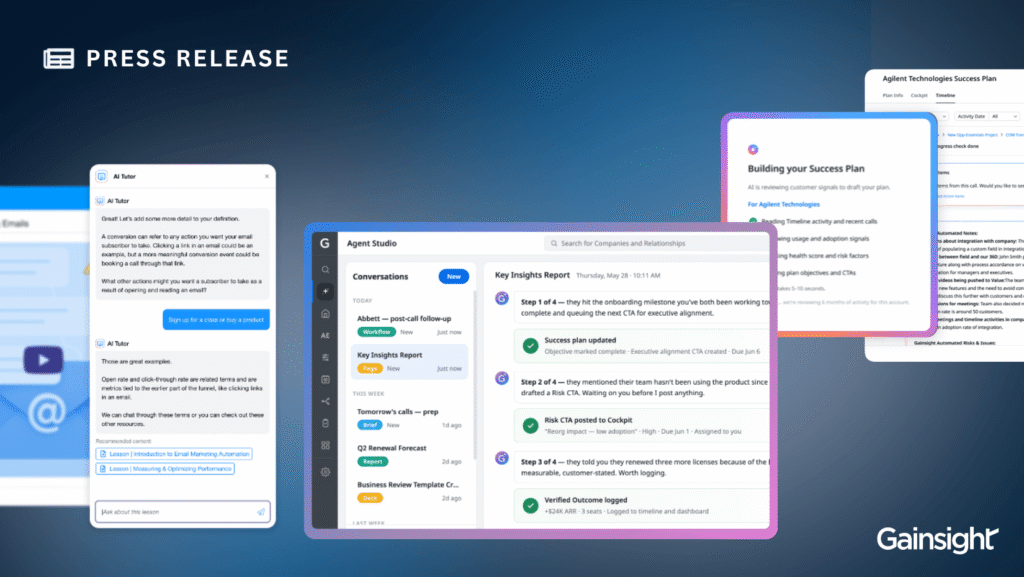 A digital press release graphic displays multiple software dashboard screenshots, highlighting chat interfaces, insights reports, and a success plan document designed to boost customer retention, with the Gainsight logo in the bottom right corner.