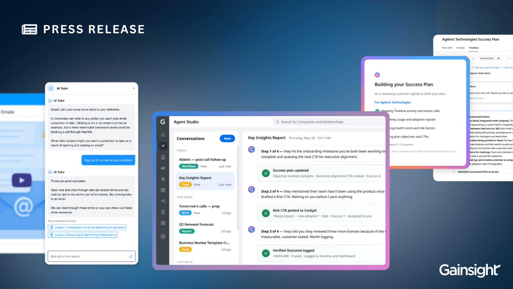A digital press release graphic displays multiple software dashboard screenshots, highlighting chat interfaces, insights reports, and a success plan document designed to boost customer retention, with the Gainsight logo in the bottom right corner.