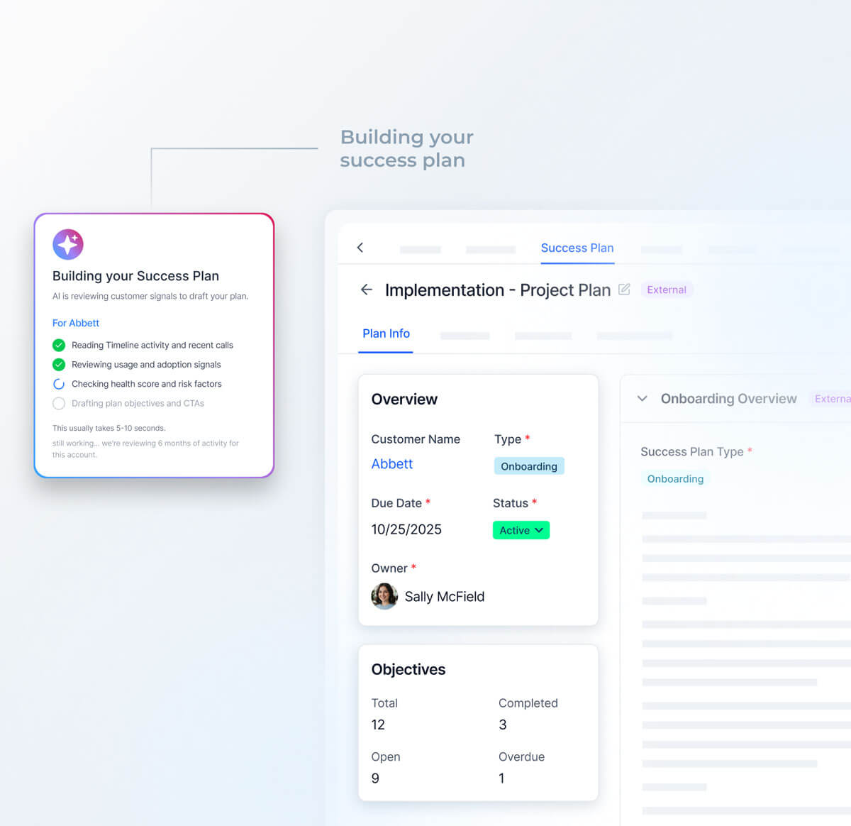 A digital dashboard displays a project planning tool. On the left, a pop-up explains Customer Success plan building steps, while on the right, a detailed project overview shows customer info, objectives, and onboarding status.
