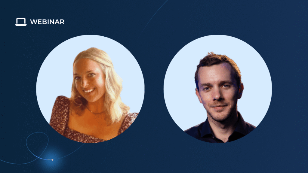 Two circular photos on a dark blue background: on the left, a smiling woman with blonde hair; on the right, a man with short hair and a slight smile. "WEBINAR" at the top left highlights expert tips on community migration and management.
