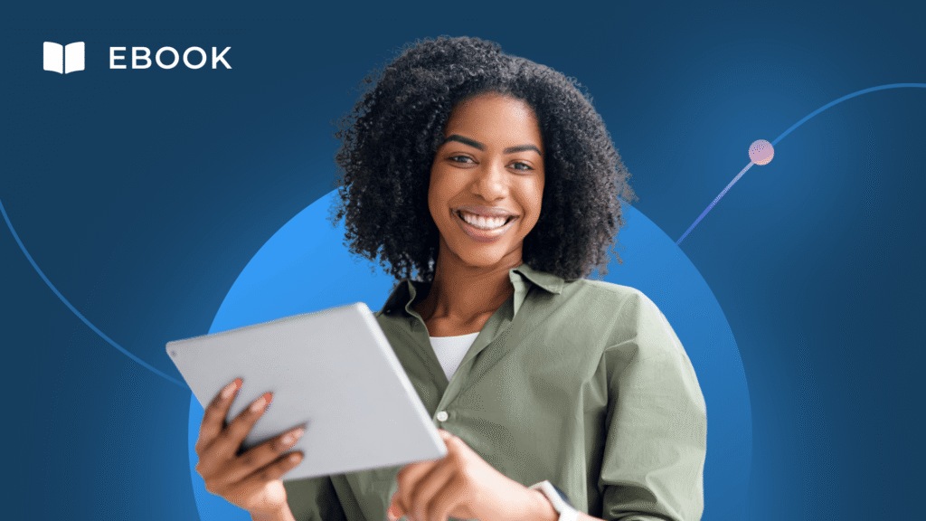 A smiling woman with curly hair holds a tablet, standing in front of a blue background with abstract shapes. The word "EBOOK" and a book icon appear in the top left corner, highlighting insights into retention and revenue outcomes.
