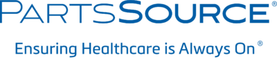 Logo for PartsSource with the slogan "Ensuring Healthcare is Always On" displayed underneath in blue text on a white background, celebrating their recognition in the GameChanger Awards.