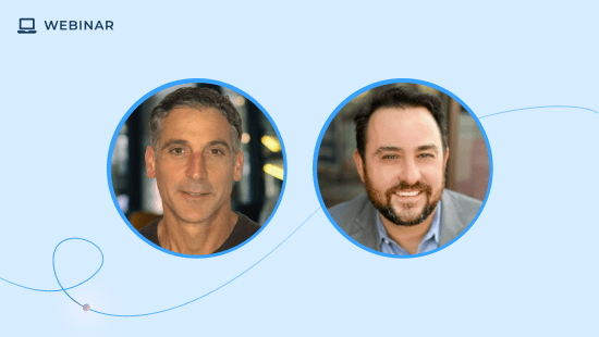 Two men are shown in circular frames on a light blue background with the word "WEBINAR" and a computer icon in the top left corner. Both men are facing forward and smiling, highlighting a session focused on account management and customer success.