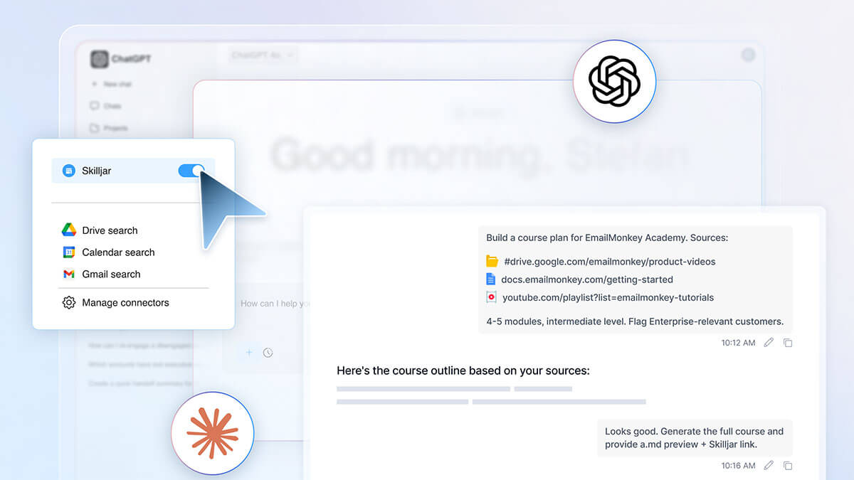A digital interface shows Skilljar integration toggled on, Customer Education search options like Drive and Gmail, and an AI-generated course plan with links, overlaid on a blurred ChatGPT window—ideal for AI companies streamlining training.
