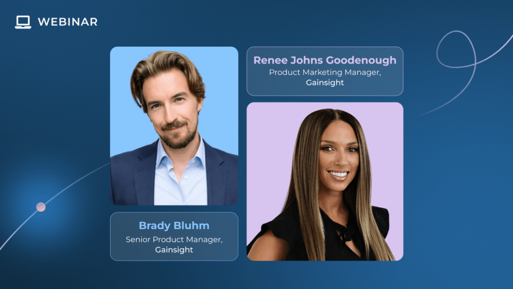 A webinar graphic with photos of two speakers—Brady Bluhm, Senior Product Manager, and Renee Johns Goodenough, Product Marketing Manager—both from Gainsight. Blue background with white webinar icon, text, and mentions of Pre-Built Agents.
