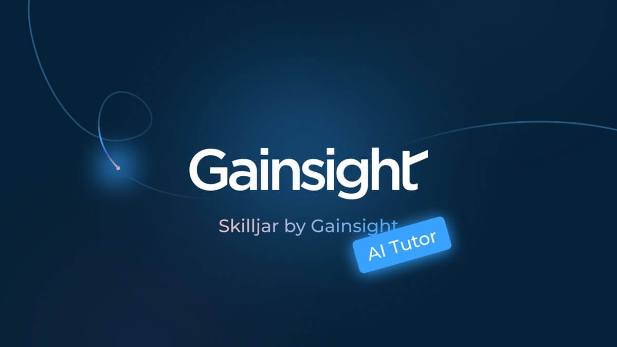 Dark blue background with the white text “Gainsight” in the center, “Skilljar by Gainsight” below, and a glowing blue “AI Tutor” label—a nod to leading AI companies focused on Customer Education—overlapping the bottom right of the main text.
