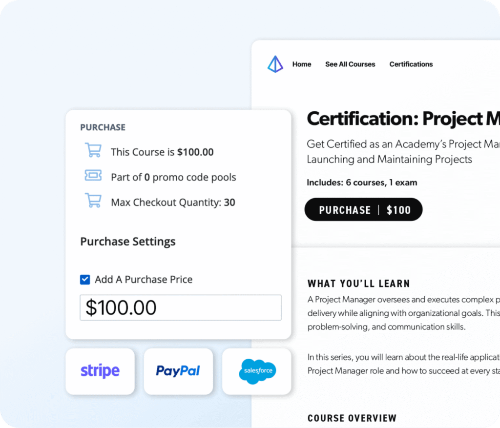 A website section displays a project management certification course for $100, powered by Skilljar. A pop-up highlights purchase settings, including price and options. Stripe, PayPal, Salesforce, and Gainsight logos are visible at the bottom.
