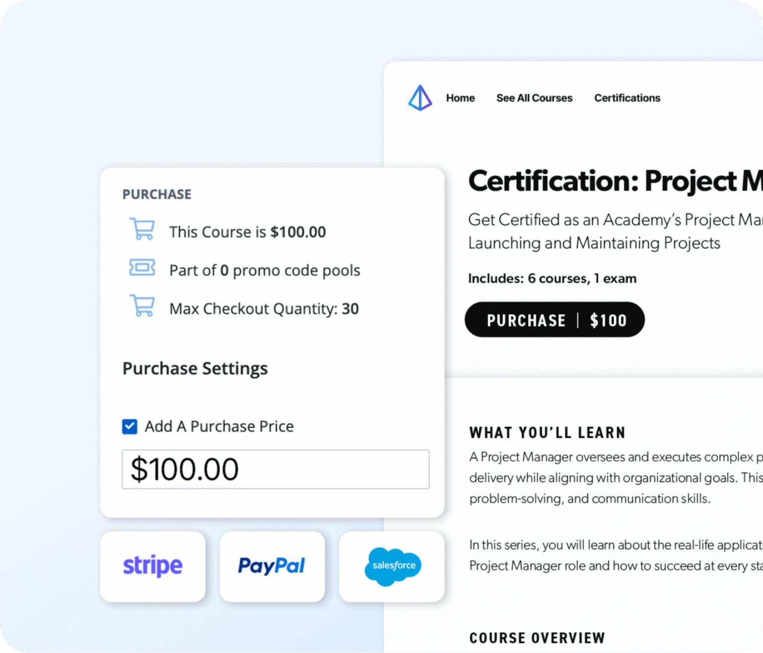 A website section displays a project management certification course for $100, powered by Skilljar. A pop-up highlights purchase settings, including price and options. Stripe, PayPal, Salesforce, and Gainsight logos are visible at the bottom.