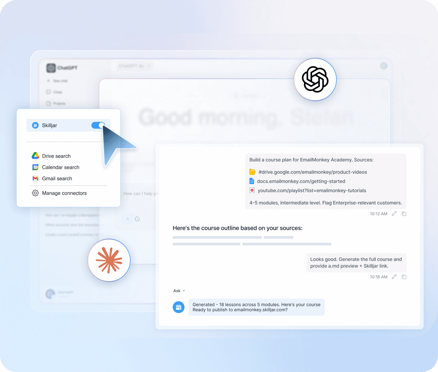 A digital interface shows a user enabling the Skilljar connector in a menu, alongside ChatGPT and Skilljar logos. Chat windows display a generated course outline, a summary based on selected sources, and Gainsight integration options.
