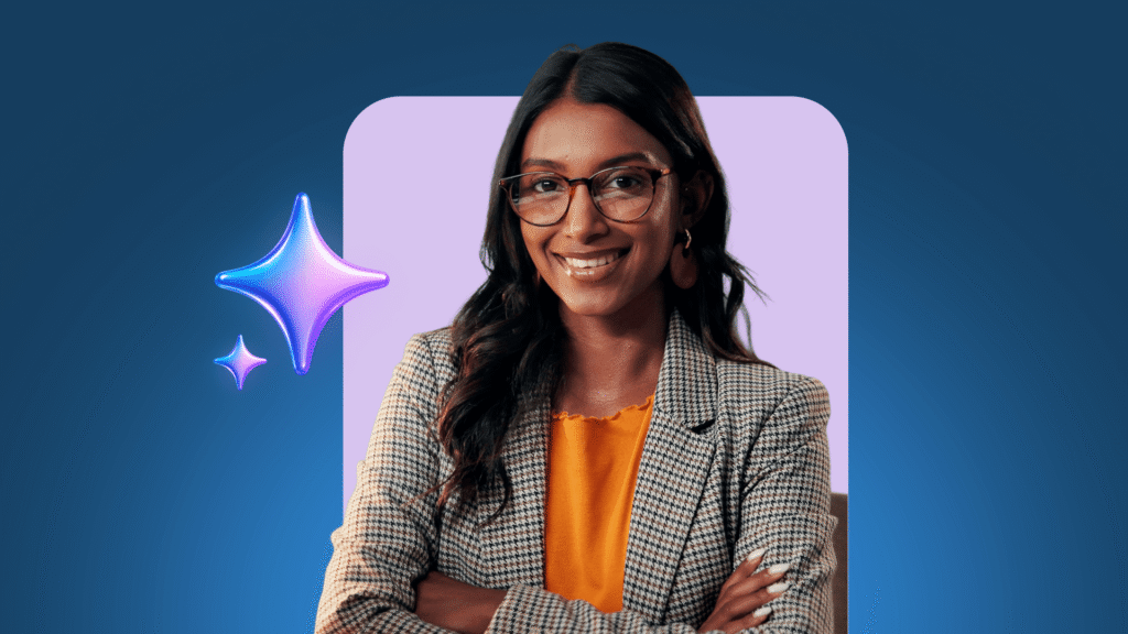 Smiling woman with long dark hair, glasses, and a plaid blazer over a yellow top stands with arms crossed. Blue and purple star-like graphics float beside her, against a blue background with a light purple rectangle—capturing the confidence of someone ready to tackle Customer Success in today’s landscape of AI Agents.
