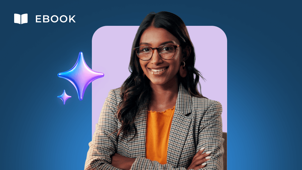 Smiling woman in glasses and a plaid blazer stands with arms crossed on a blue background with a purple glow and a star graphic. The word "EBOOK" and a book icon appear in the top left corner, highlighting insights on Customer Success for businesses exploring Build vs Buy decisions.