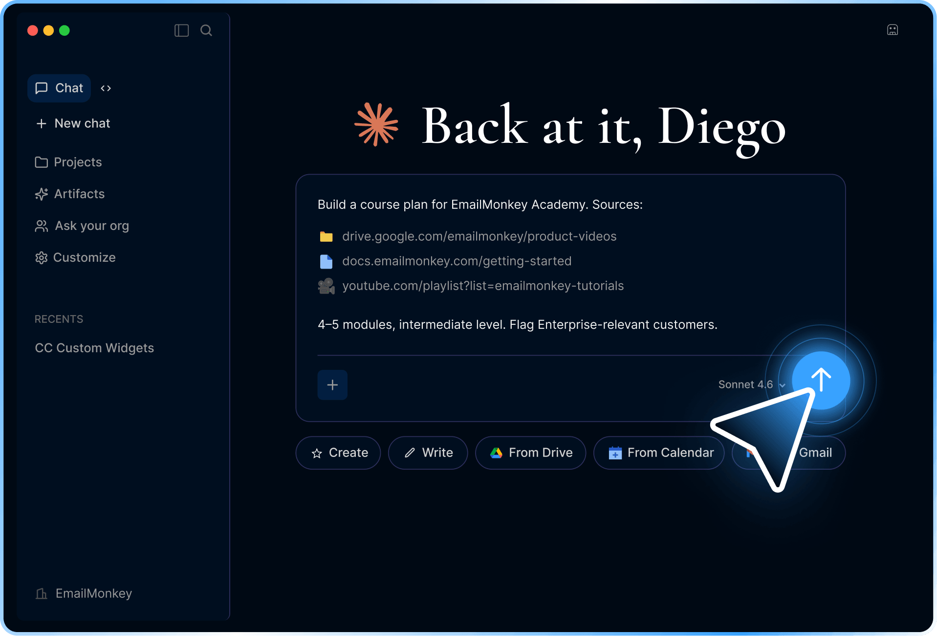 A dark-themed interface displays a message: "Back at it, Diego." Below, there’s a task to build a course plan with links to Google Drive, Docs, Skilljar, and YouTube. A large arrow cursor points to an upward arrow button.