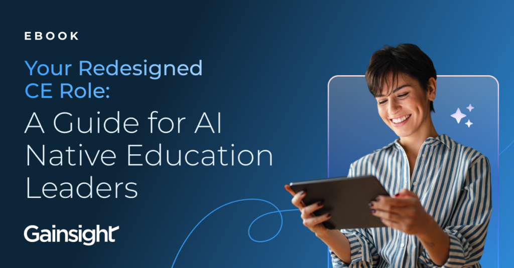 A smiling person in a striped shirt holds and looks at a tablet against a blue background with a few white sparkles next to them, embodying the spirit of AI native education embraced by today's forward-thinking education leaders.