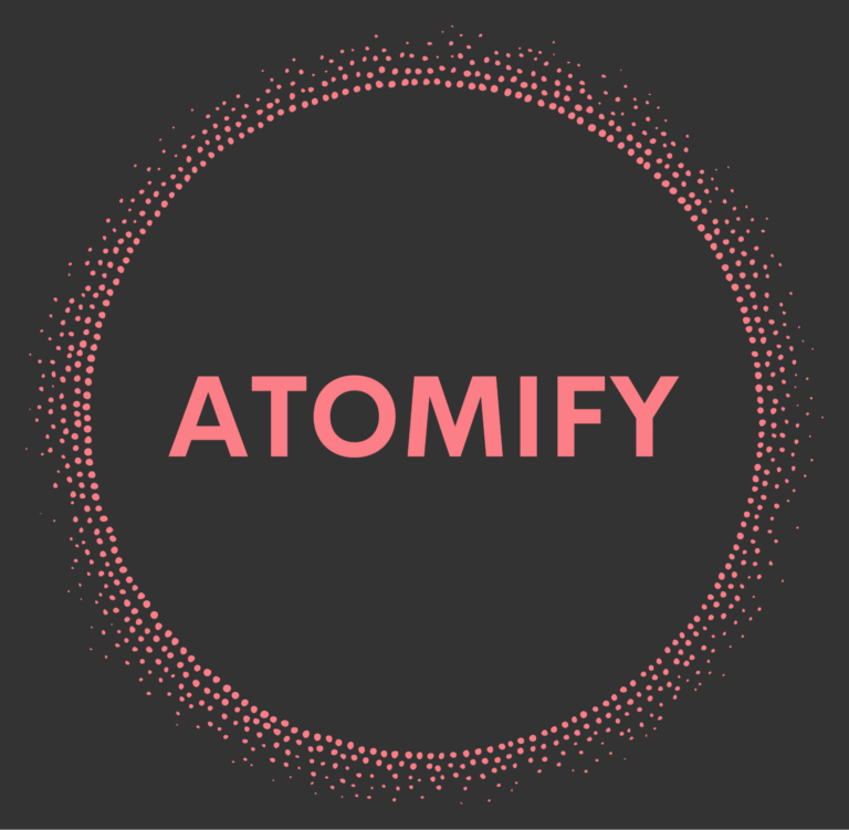 The word "ATOMIFY" in bold pink letters is centered inside a black circle, which is bordered by a ring of small pink dots on a dark background.
