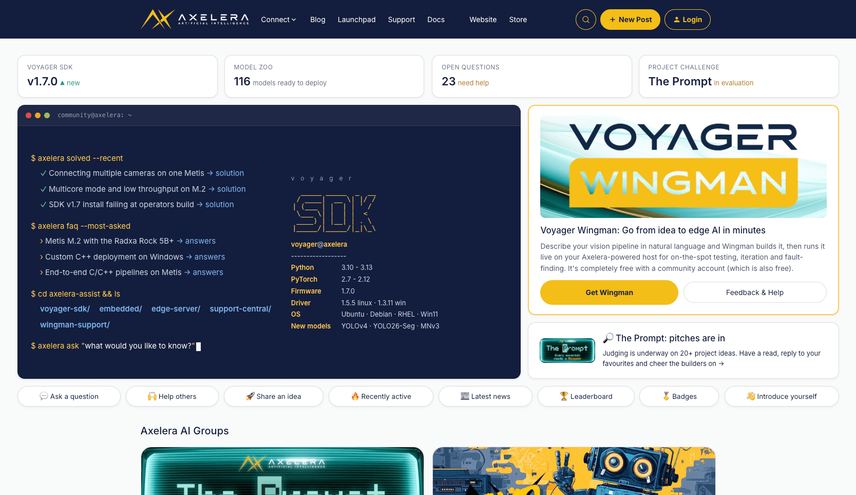 Screenshot of the Axelera AI community platform showing the homepage with navigation menus, SDK details, news section, links to AI groups, and a highlighted ad for “Voyager Wingman: Go from idea to AI in minutes.” The page also features a vibrant Community Showcase, where members can explore success stories and innovative projects powered by Axelera AI.