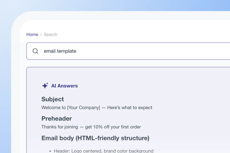 A computer screen shows a search for “email template” within the CC Demo Center, displaying example email content—including subject, preheader, and email body structure—on a white interface with a blue gradient background featuring the Gainsight branding.