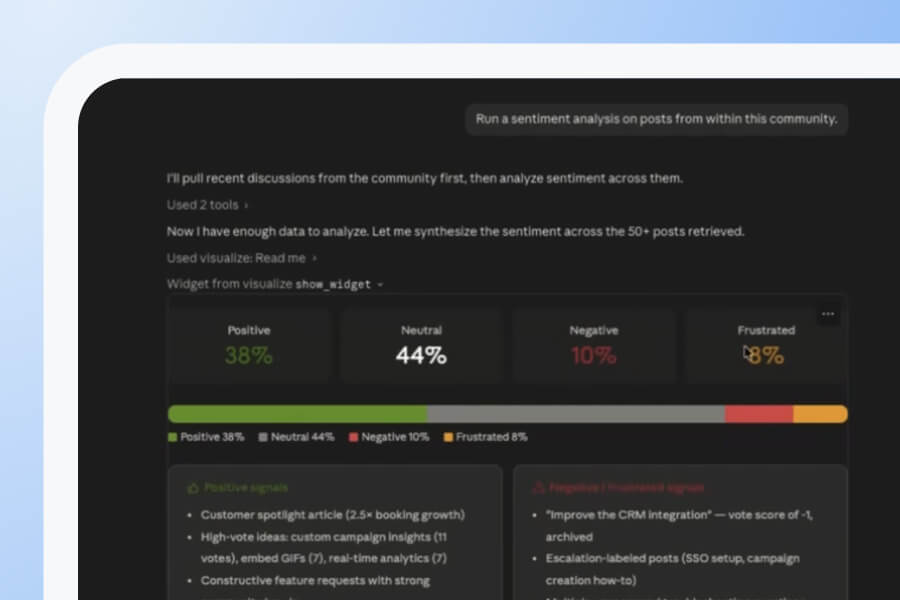 A screenshot of the CC Demo Center sentiment analysis dashboard, powered by Gainsight, showing percentages: Positive 38%, Neutral 44%, Negative 10%, Frustrated 8%, with supporting data and summaries below.
