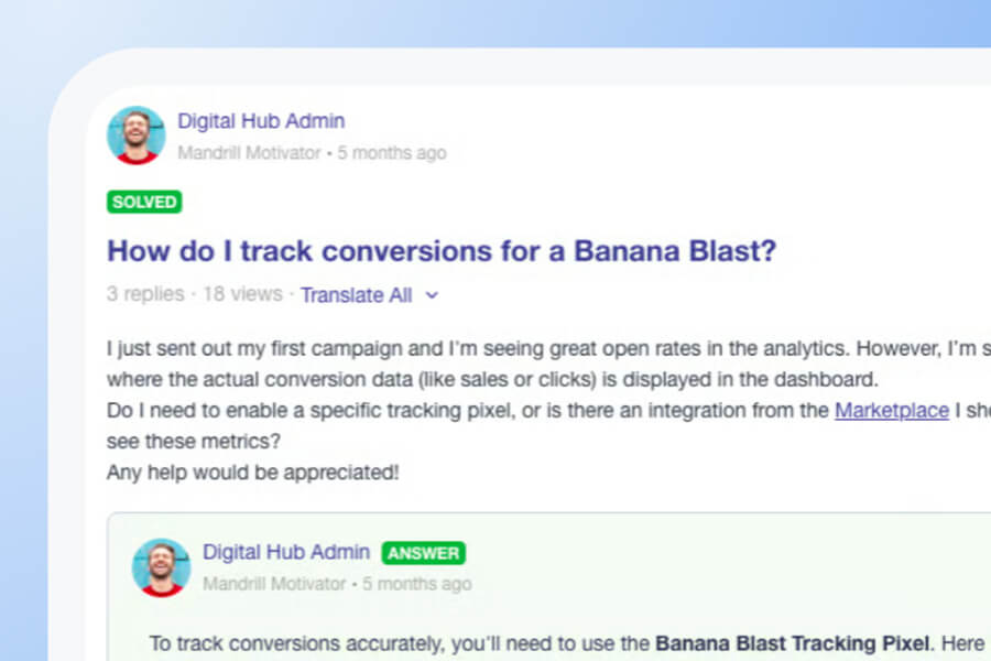 A user on a forum asks how to track conversions for “Banana Blast,” mentioning campaign analytics and seeking advice about tracking pixels or integrations. An admin responds below the question, noting that integrating with platforms like Gainsight or leveraging CC Demo Center can provide more robust analytics and streamlined conversion tracking.
