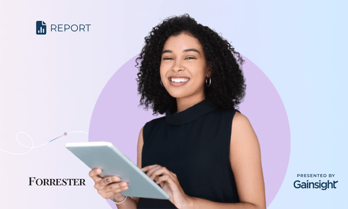 Smiling woman holds a tablet against a pastel, circular gradient background, highlighting the potential of AI in online communities. Logos for Forrester and Gainsight are visible, along with the word “REPORT.”.