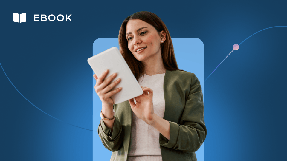 A person in a green blazer smiles while proactively using a tablet, standing against a blue background with the word “EBOOK” and a book icon in the top left corner, embodying an engaging approach to retention.