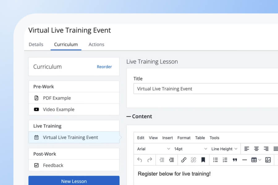 A computer screen displays a Skilljar curriculum editor for a virtual live training event, showing sections for pre-work, live training, and post-work, with editable lesson details and content text area—all accessible through the Demo Center.