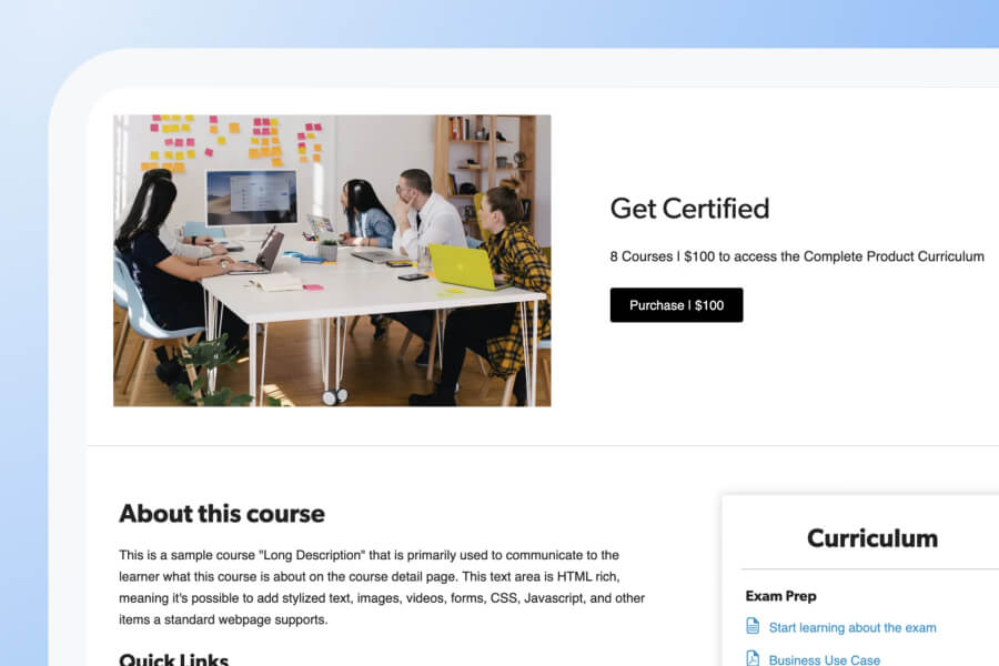 Five people sit at a table with laptops in a modern office. Text on the screen promotes a product curriculum with pricing and course details, powered by Skilljar. Curriculum and course overview are visible on the right, highlighting features available through the Demo Center.
