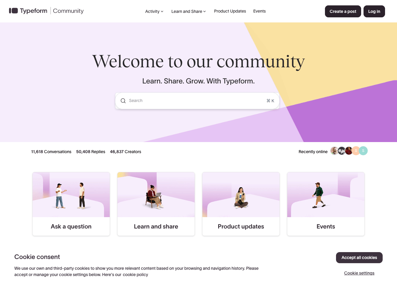 Typeform Community homepage with a warm welcome message, main menu, and four cards: Ask a question, Learn and share, Product updates, and Events. Discover inspiring stories in the Customer Showcase. A cookie consent banner appears at the bottom.