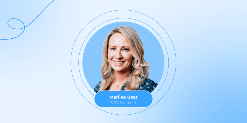 Portrait of a smiling woman with blonde hair, labeled as Marilee Bear, CRO, Gainsight, on a blue circular background with a swirling line in the top left corner—perfectly capturing the expertise she brings to Customer Success and NRR in the boardroom.